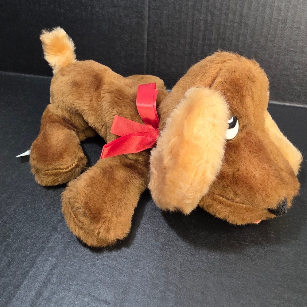 Vintage Rushton Brown Plush Puppy Dog Laying Tan Floppy Ears Red Bow Sad Eyes